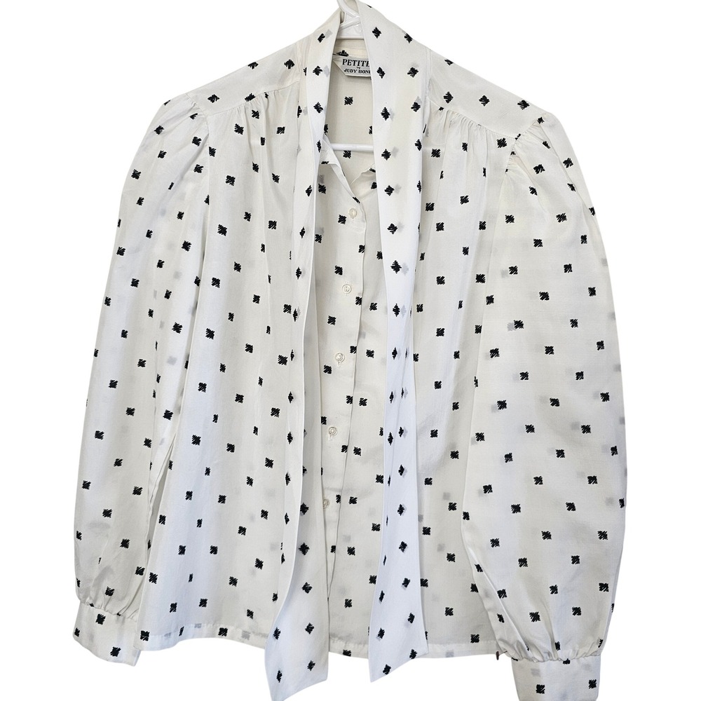 Petites by Judy‎ Bond Vintage Pussybow Blouse White Black Diamond Print Size 8P